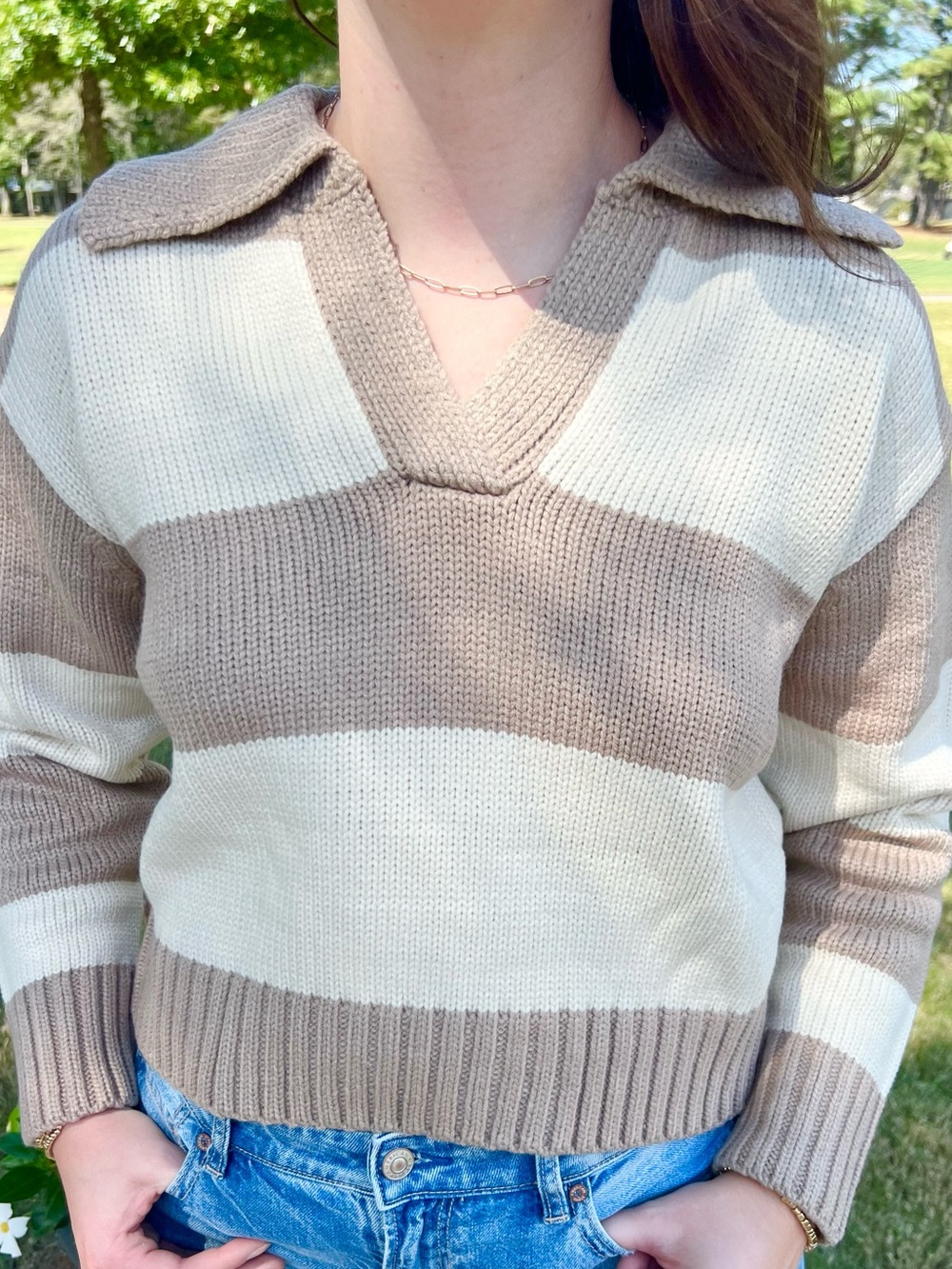 Classic Cream & Tan V‑Neck Collared Sweater